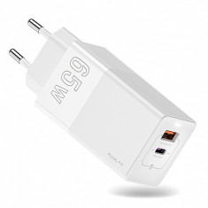 Incarcator Retea USB KUULAA GaN KL-CD14, 1 X USB - 1 X USB Tip-C, Quick Charge, 65W, Alb