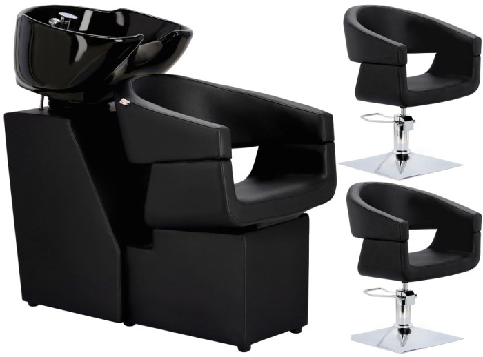 Set Scafă coafor profesională unitate de spălare model Coco + 2 x scaune de coafură hidraulic pivotant pentru picioare și accesorii bol ceramic