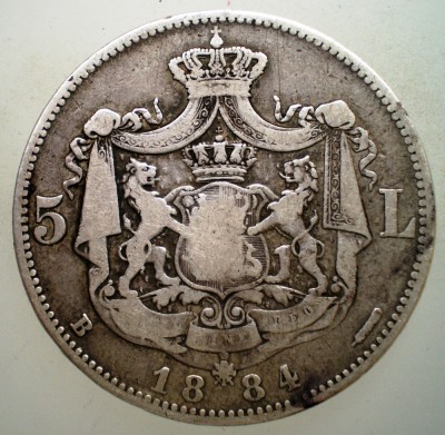 R.199 ROMANIA CAROL I 5 LEI 1884 ARGINT foto