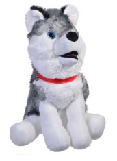 Caine din plus, cu ochi albastri, 30 cm, gri cu alb, ConceptSeller