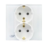 Priza Dubla Incastrata PNI WP222W, Sticla Alba Securizata, 230V Schuko