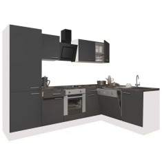 Mobilă de bucătărie de colț Yorki 280, corp alb, față antracit satinat cu element inferior cuptor, dulap cu rafturi