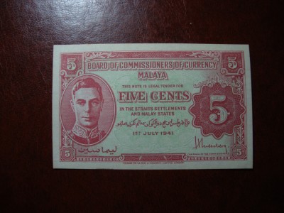 MALAYA 5 CENTS 1941 UNC UNIFATA foto