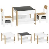 HOMCOM Set masă copii 3 &icirc;n 1 cu 2 scaune, tablă detașabilă, bibliotecă și cutii textile, natur, 3-8 ani | Aosom Romania