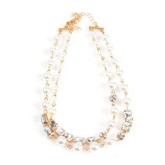 Colier dublu cu perle albe si detalii aurii