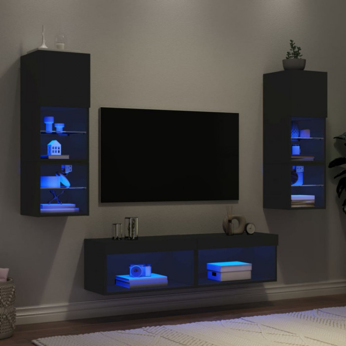 Unitati de perete TV cu LED-uri, 6 piese, negru, lemn prelucrat GartenMobel Dekor