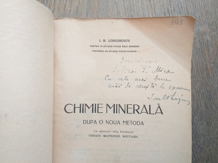 I.N.Longinescu (dedicatie/semnatura) Chimie minerala, 1944