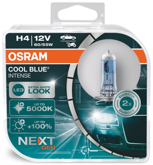 Bec Osram H4 P43T 12V 60/55W Cool Blue Intense Next Generation Extra White Look 5000K +100% 64193CBN-HCB