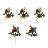 Set Crenguțe Decorative, Model Crengi Cu Conuri De Pin, Frunze Verzi, Multicolor, 14x6cm, 5 Bucăți, Oem