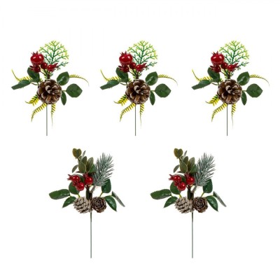 Set Crenguțe Decorative, Model Crengi Cu Conuri De Pin, Frunze Verzi, Multicolor, 14x6cm, 5 Bucăți foto