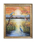 Cumpara ieftin Tablou apus de soare in Delta Dunarii pictat manual inramat, 55x45cm ulei pe panza, rama din lemn, Stefan Bilibou