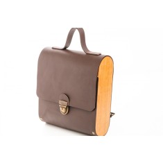 Rucsac dama din piele naturala si lemn reciclat. lucrat manual, Dory, Handmade, Maro, Produsa in Romania