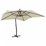 Umbrelă de soare suspendată st&acirc;lp din lemn 300 cm alb nisipiu