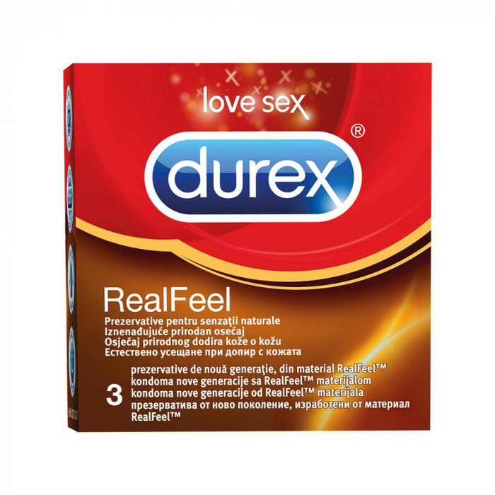Prezervative DUREX Real Feel 3 Buc, Prezervative din Latex, Prezervative Fara Aroma, Prezervative Transparente, Prezervative Lubrifiate, Prezervative