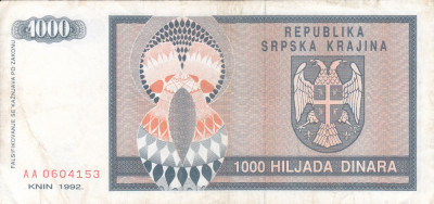 CROATIA 1.000 dinara 1992 KNIN VF+!!! foto