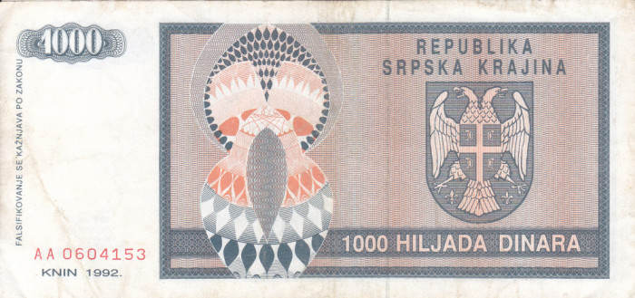 CROATIA 1.000 dinara 1992 KNIN VF+!!!