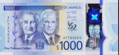 Bancnota Jamaica 1.000 Dolari 2022 - P99 UNC ( polimer, comemorativa - vezi descriere ) foto