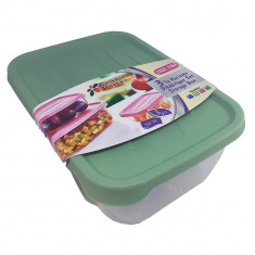 Set 3 Cutii Alimentare Dreptunghiulare, 1.6, 0.9, 0.4 L, Recipient Incolor, Capac Verde, Caserole pentru Alimente, Cutii din Plastic pentru Alimente,