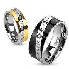 Inel tip bandă din oţel, în două culori, dungă diagonală cu o declaraţie de dragoste, zirconiu transparent - Marime inel: 49