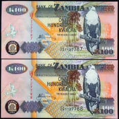 Lot/Set 2 BANCNOTE SERII CONSECUTIVE 100 KWACHA - ZAMBIA 2009 *cod 882 - UNC! foto