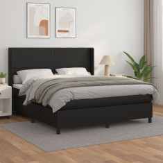 vidaXL Pat box spring cu saltea, negru, 180x200 cm, piele ecologică