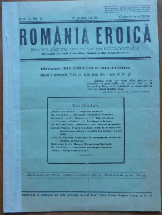 Romania eroica, revista pentru promovarea romanismului, Cluj, octombrie 1938