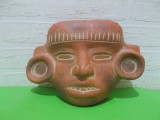 MASCA veche mayasa din TERACOTA , replica ceramica de tip precolumbian , colectie maya , Mexic