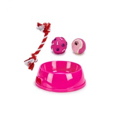 Set 1 x castron si 3 jucarii pentru caini, 25,8 x 25,8 x 7,5 cm, Magenta