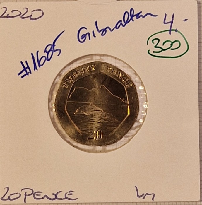 300 Gibraltar 20 pence 2020, KM#1685, Delfin, necirculata