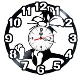 Ceas de perete din disc vinil, Tematică Sylvester Looney Tunes, Design &bdquo;Big Numbers&rdquo; cu Motanul Sylvester, Negru, 30 cm
