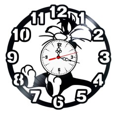Ceas de perete din disc vinil, Tematică Sylvester Looney Tunes, Design &bdquo;Big Numbers&rdquo; cu Motanul Sylvester, Negru, 30 cm
