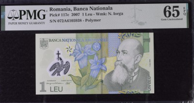 1 leu 2007 gradata PMG 65 EPQ Gem Unc, polimer, rar &amp;icirc;n grade mari foto