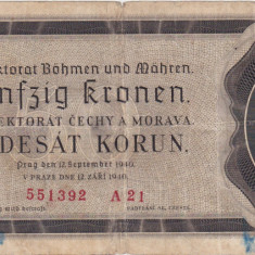 BOHEMIA BOEMIA SI MORAVIA 50 COROANE KORUN 1940 UZATE