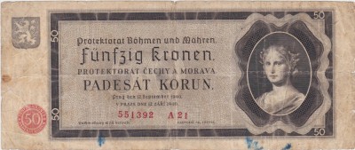 BOHEMIA BOEMIA SI MORAVIA 50 COROANE KORUN 1940 UZATE foto