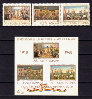 ✅RO 1968 LP 687 + 688 &amp;quot;Semicentenarul Unirii Transilvaniei cu Romania&amp;quot; , serie + colita ,MNH foto