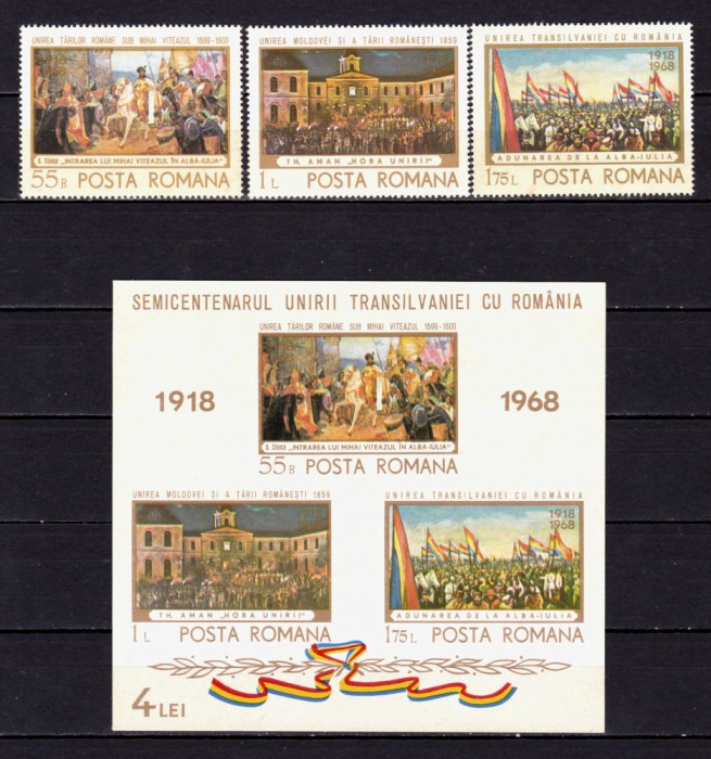✅RO 1968 LP 687 + 688 &quot;Semicentenarul Unirii Transilvaniei cu Romania&quot; , serie + colita ,MNH