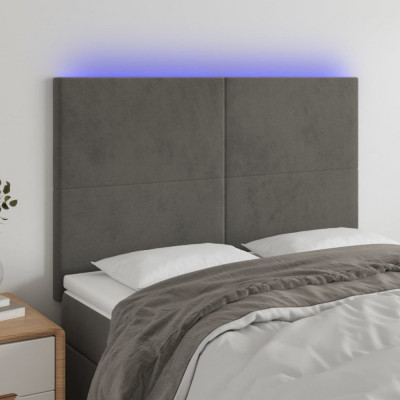 vidaXL Tăblie de pat cu LED, gri &amp;icirc;nchis, 144x5x118/128 cm, catifea foto