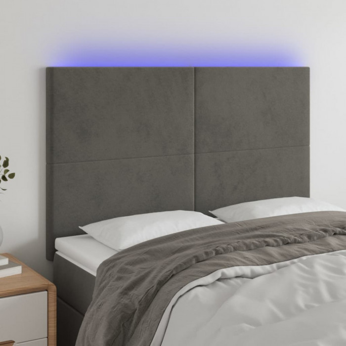 vidaXL Tăblie de pat cu LED, gri &icirc;nchis, 144x5x118/128 cm, catifea