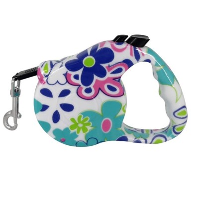 Lesa retractabila cu maner ergonomic si buton de franare, tip banda, Lungime 3m, Greutate Maxima 15 Kg, imprimeu flori, Ropet foto
