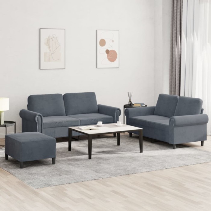 vidaXL Set de canapele cu perne, 3 piese, gri &icirc;nchis, catifea