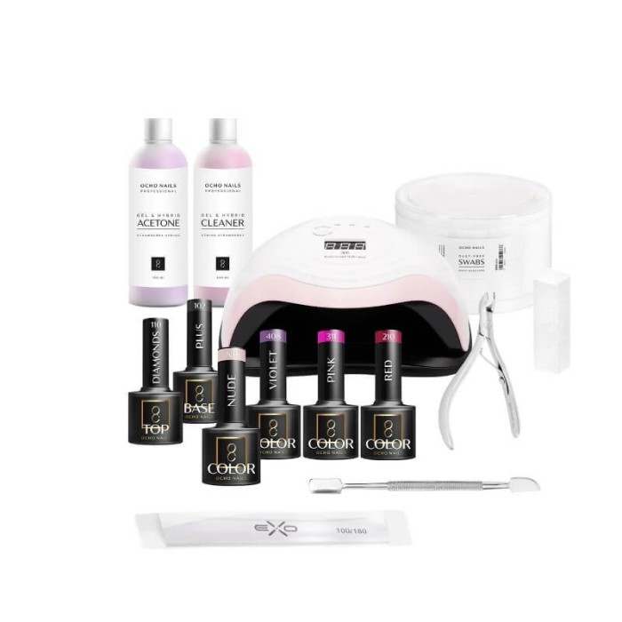 Kit Unghii Start 1 Ocho Hybrid &ndash; 13 piese, cu lampa UV si 4 culori incluse