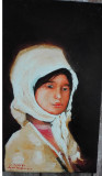 Tablou portret fata cu basma alba semnat Cimpoesu dupa Grigorescu., Portrete, Ulei, Realism
