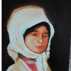 Tablou portret fata cu basma alba semnat Cimpoesu dupa Grigorescu.