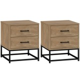 HOMCOM Set de 2 Noptiere cu 2 Sertare din Lemn și Oțel, 40x39.5x48 cm, Lemn Natural | Aosom Romania