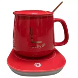 Cana de cafea din ceramica, cu suport incalzitor, incarcare USB, cu buton pentru controlul temperaturii, cu lingurita inclusa, rosu