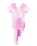 Costum Medical Pe Stil, Roz cu Elastan cu Garnitură alba si pantaloni cu dungă alba, Model Marinela - S, XS