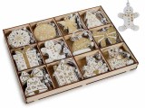 Set 72 ornamente brad Craciun lemn alb auriu cm 6 x 5 H
