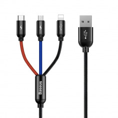 Cablu USB 3 In1 Baseus Three Primary Colors - Micro USB / Lightning / USB-C Nailon Impletit 3,5A 1,2M Negru CAMLT-BSY01