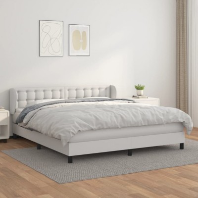 vidaXL Pat box spring cu saltea, alb, 160x200 cm, piele ecologică 3127320 foto