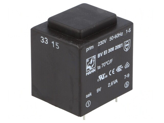 Transformator &icirc;ncapsulat 2,6VA 230VAC 9V PCB BVEI